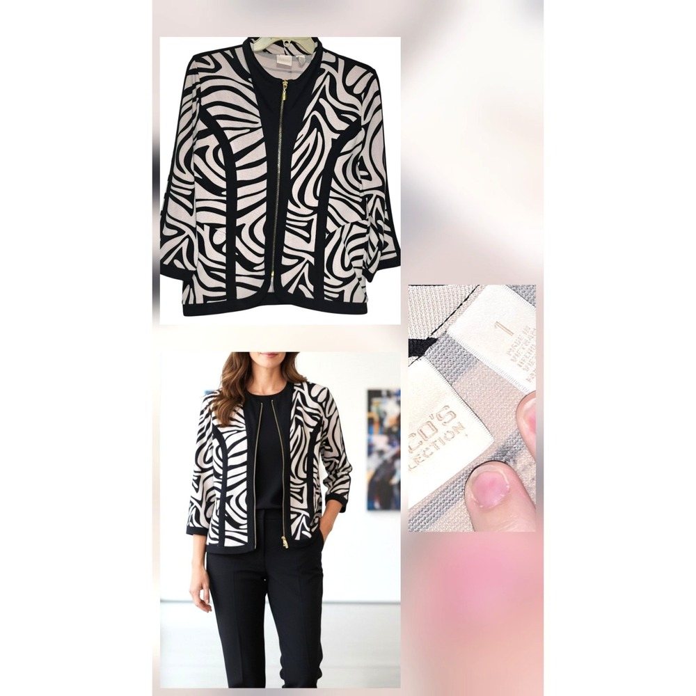 Chicos Jacket Cardigan Neutral Zebra Animal Print Size Medium 1 Open Zip Style
